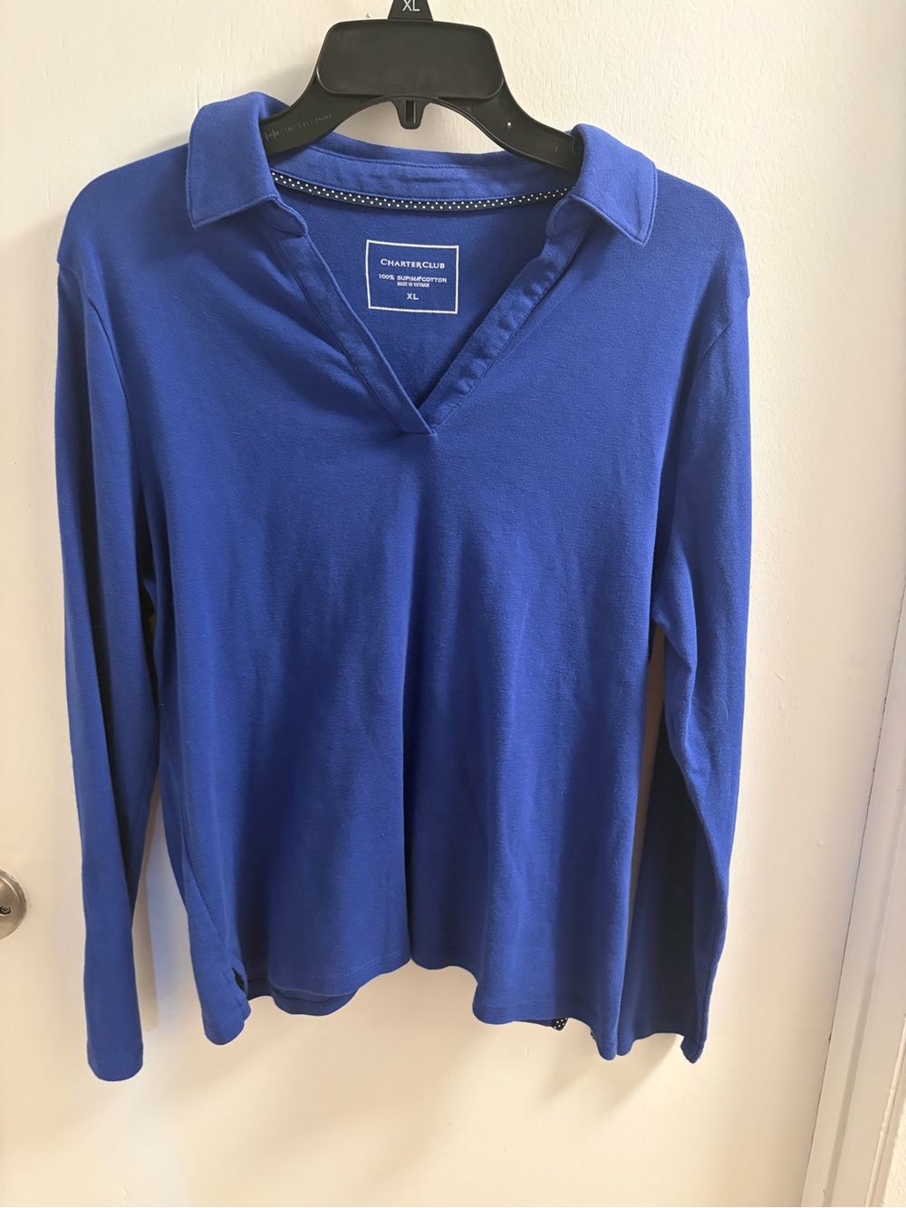 Charter Club 100% Supima Cotton Royal Blue Long Sleeve Polo Shirt Top Split V XL